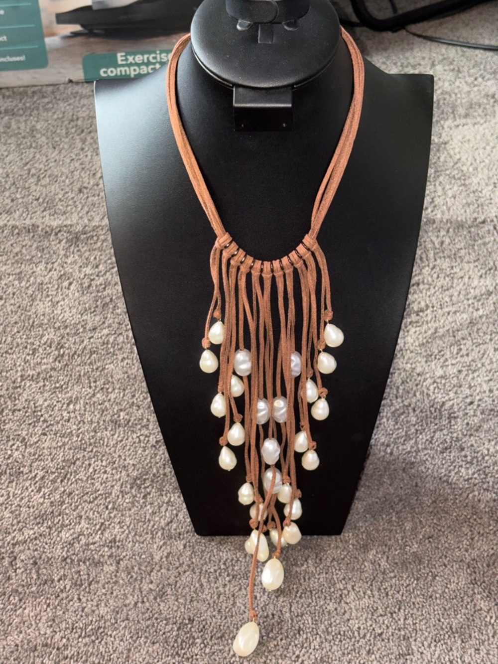 Chico's Brown Suede Fringe Necklace with White Pearl Drops